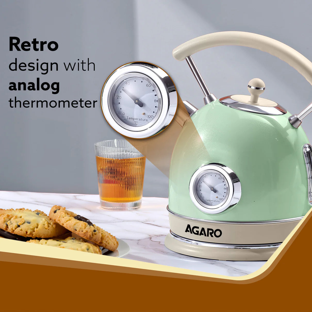 Regency Vintage Kettle 1.8L with Temperature Gauge, Hot Water Boiler & Tea Heater with Curved Handle, Visible Water Level Line, Led Light, Auto Shut-Off & Boil-Dry Protection, Green