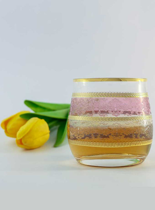 Gunesh Pink Gold Embossed 320ML Bohemia Crystal Glassess With Embossed Gold Set Of 6