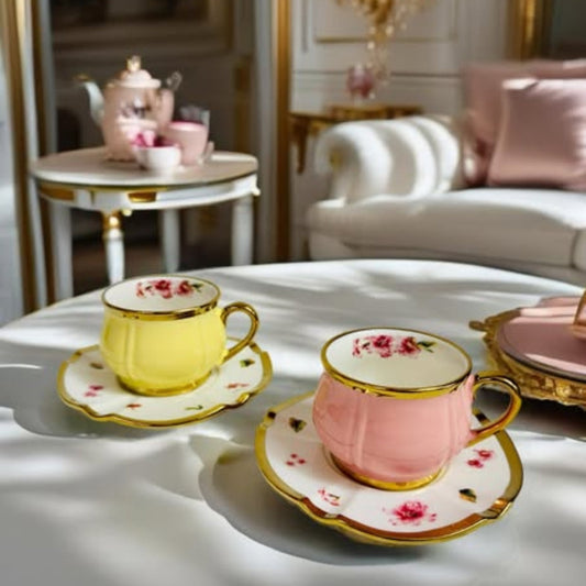 Luxury Floral Ceramic Cup & Saucer Set with Golden Accents