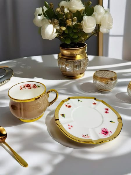 Luxury Floral Ceramic Cup & Saucer Set with Golden Accents