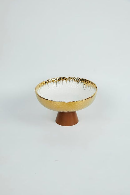 Gold and White Ceramic Bowl with Wooden Stand