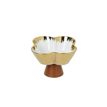 Gold and White Ceramic Bowl with Wooden Stand