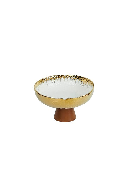 Gold and White Ceramic Bowl with Wooden Stand