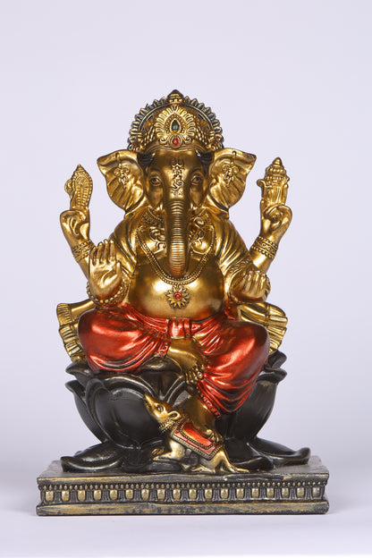 8" Ganesha sitting Antique Finish golden red statue on golden pdestal