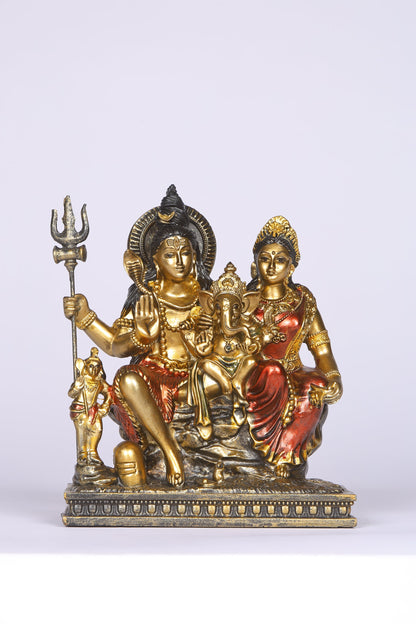 Shiva Parivaar sitting Antique Finish golden red statue