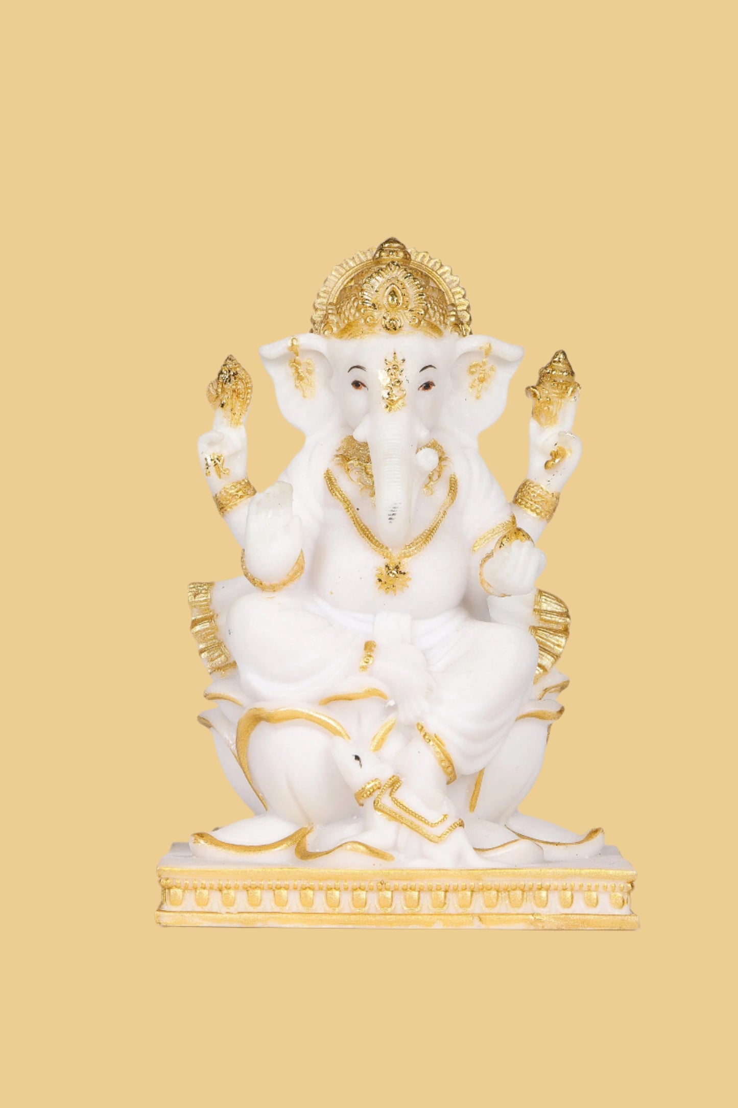 5" Ganesha sitting Marble statue on golden pdestal