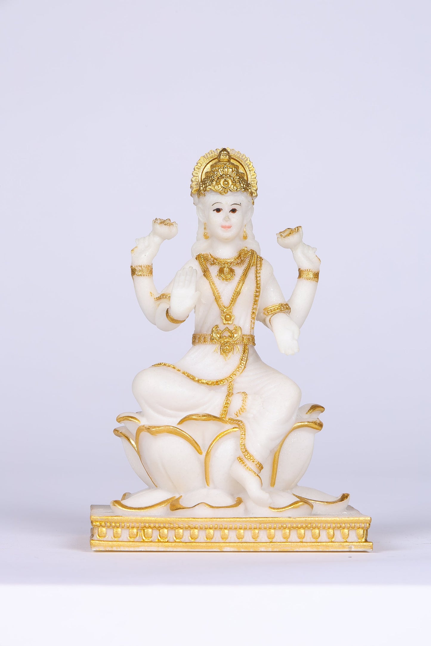 5" Laxmi Sitting Marble statue on lotus with gold tone