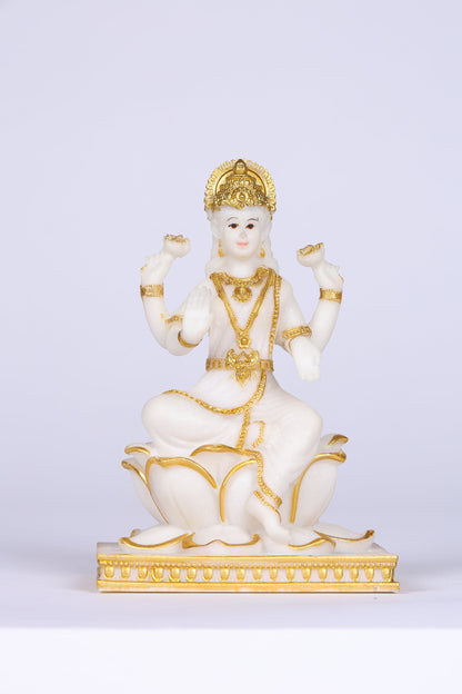 5" Laxmi Sitting Marble statue on lotus with gold tone