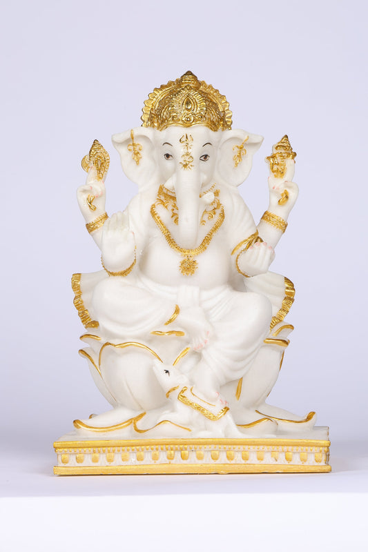 8" Ganesha sitting Marble statue on golden pdestal