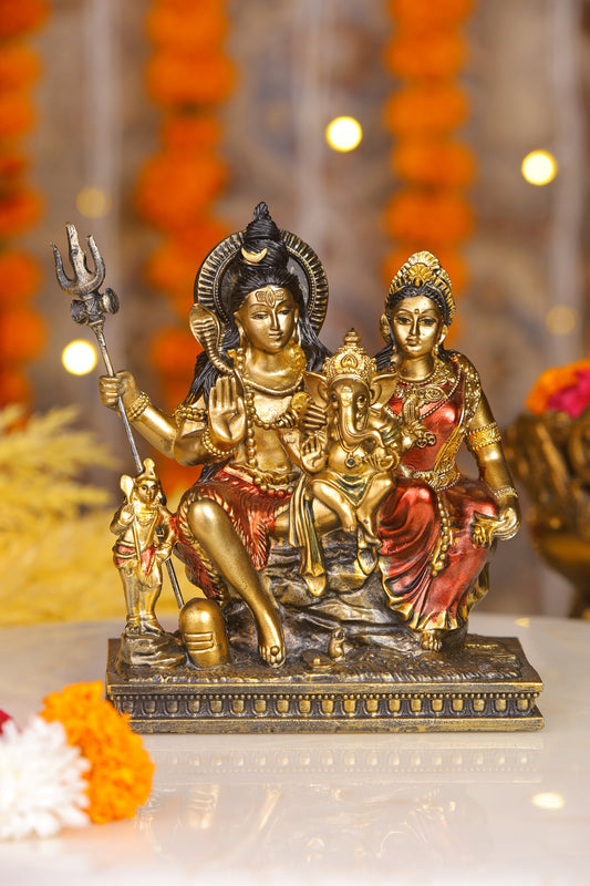 Shiva Parivaar sitting Antique Finish golden red statue