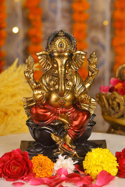 8" Ganesha sitting Antique Finish golden red statue on golden pdestal