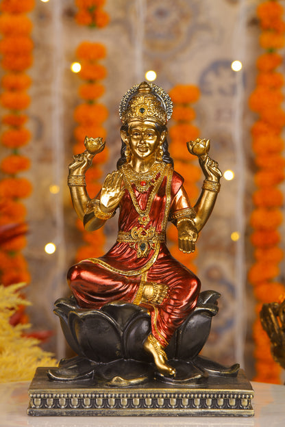 8" Laxmi Sitting Antique Finish golden red statue statue on lotus