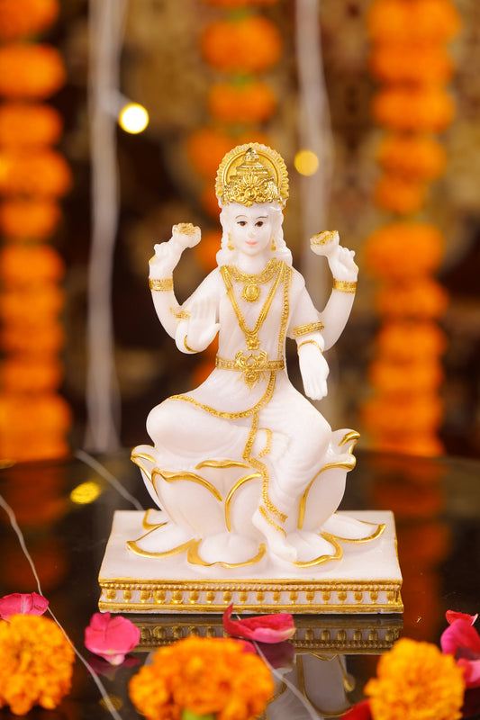 5" Laxmi Sitting Marble statue on lotus with gold tone