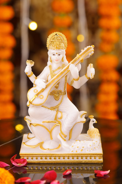 Saraswati Sitting Gold toned Marble statue on lotus with Veena