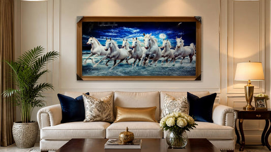 7 Horse Wall Art Painting with Crystal Work (24X48)