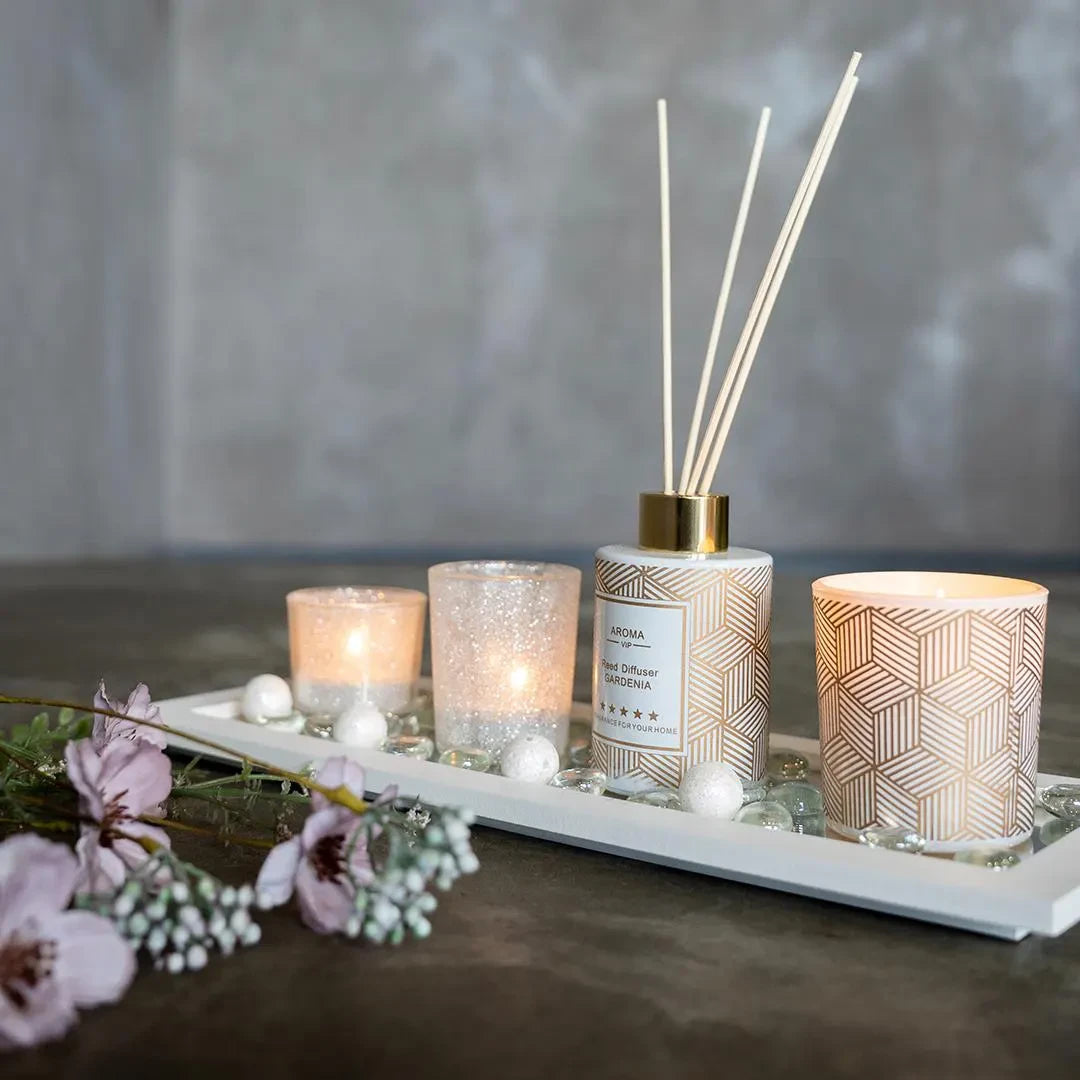 Luxury Gardenia Aroma Diffuser & Candle Set with Decorative Tray