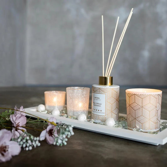 Luxury Gardenia Aroma Diffuser & Candle Set with Decorative Tray