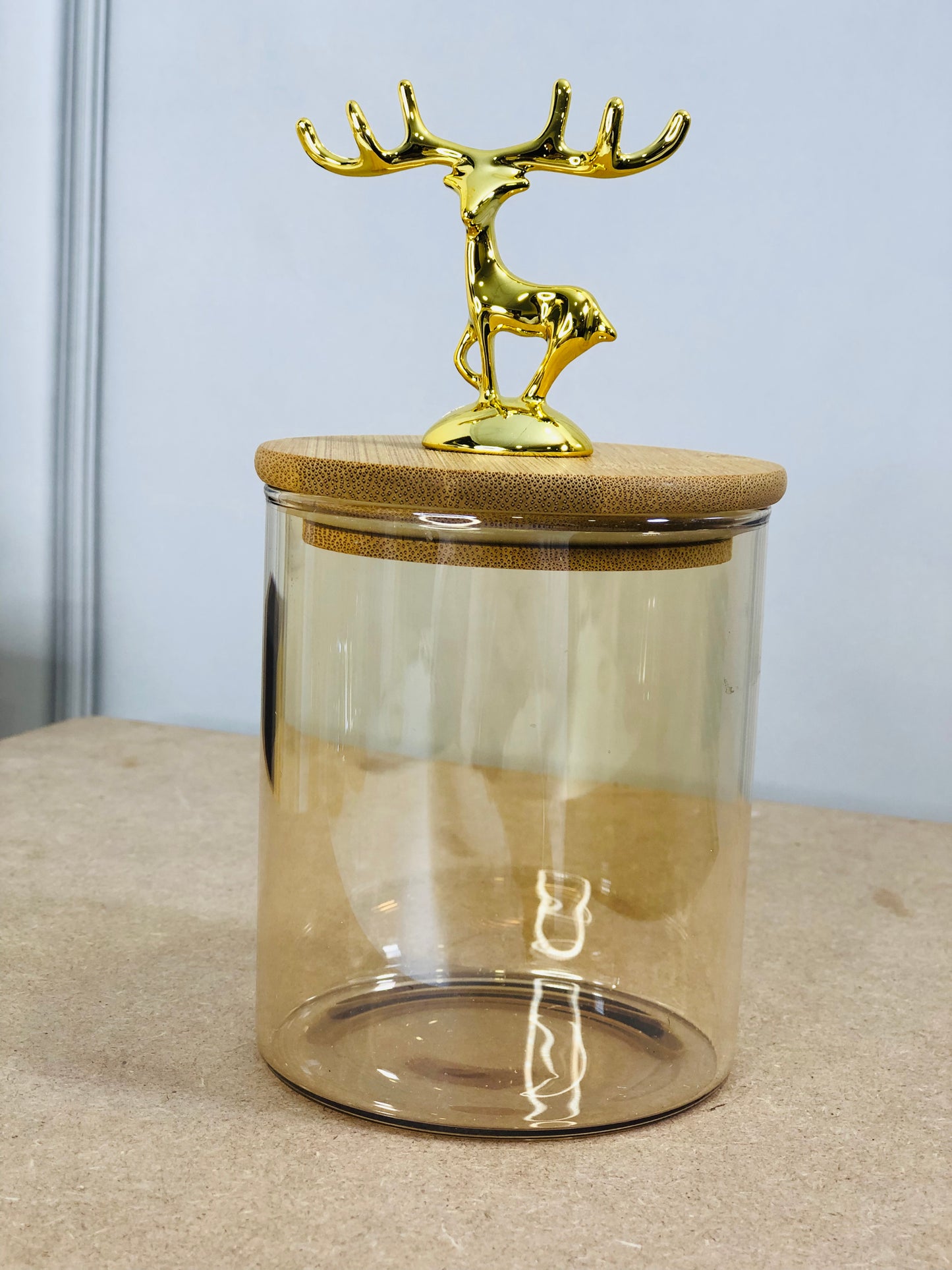 Amber Glass Container with Wooden Lid and Deer
