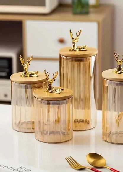 Amber Glass Storage Jar with Wooden Lid and Deer Top.