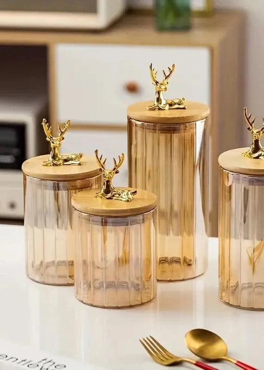 Amber Glass Storage Jar with Wooden Lid and Deer Top.