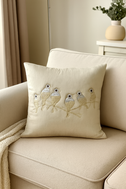 Beige Bird Design Cushion Cover Set
