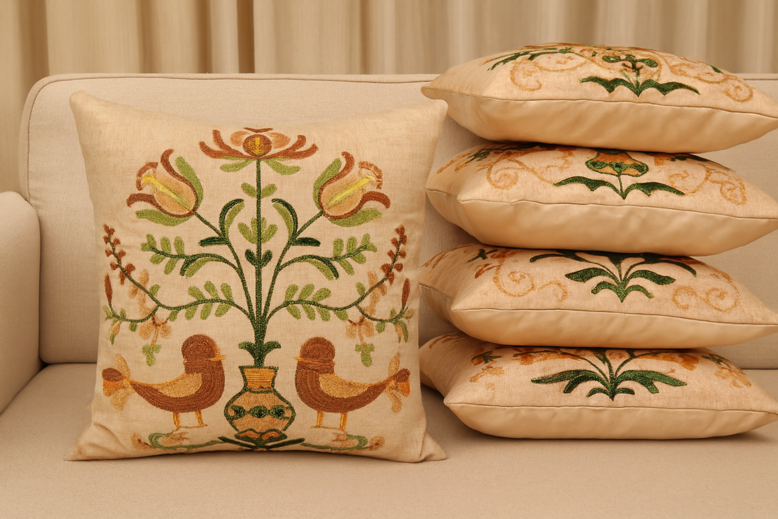 Bird Floral Embroidered Cushion Cover Set of 5
