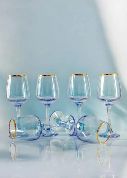 Elegant blue luster wine glasses with gold detailin