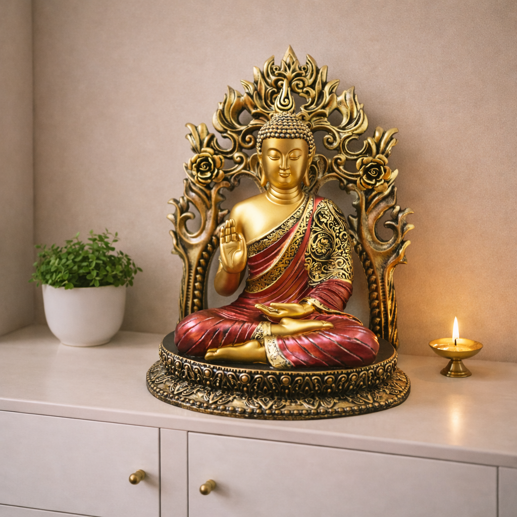 Divine Buddha Idol with Ornate Back Panel – Luxury Spiritual Home Decor