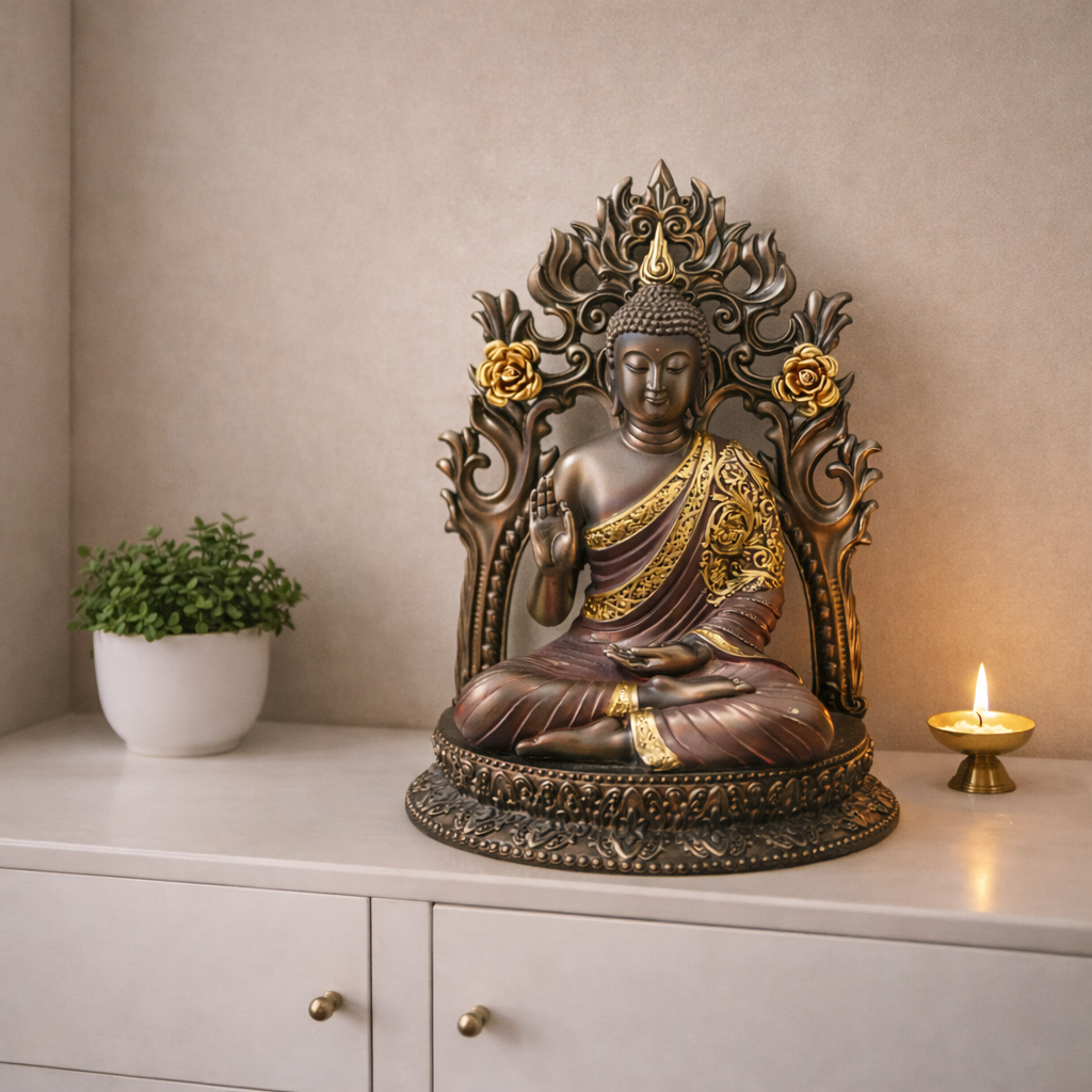 Divine Buddha Idol with Ornate Back Panel – Luxury Spiritual Home Decor
