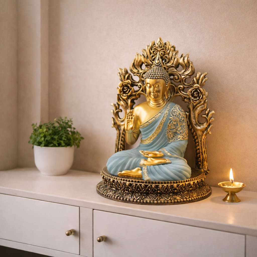 Divine Buddha Idol with Ornate Back Panel – Luxury Spiritual Home Decor