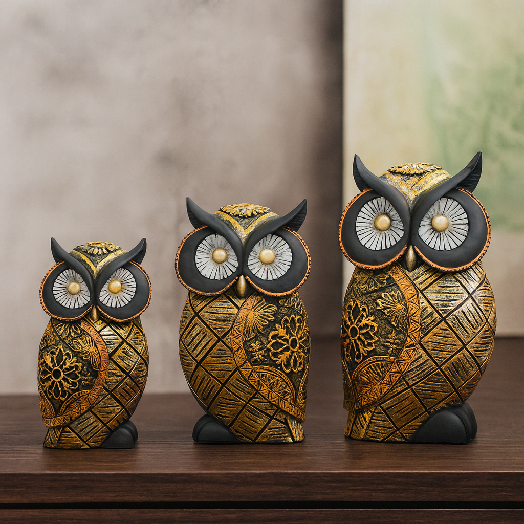 Set of 3 Golden and Black Decorative Owl Figurines