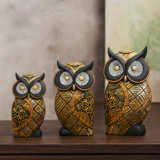 Set of 3 Golden and Black Decorative Owl Figurines