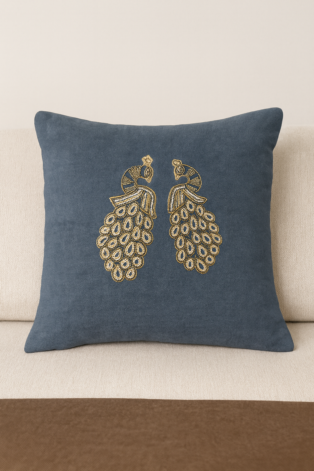 Royal Hand-Embroidered Twin Peacock Cushion Cover – Premium  (40×40 cm | 1 Pc)