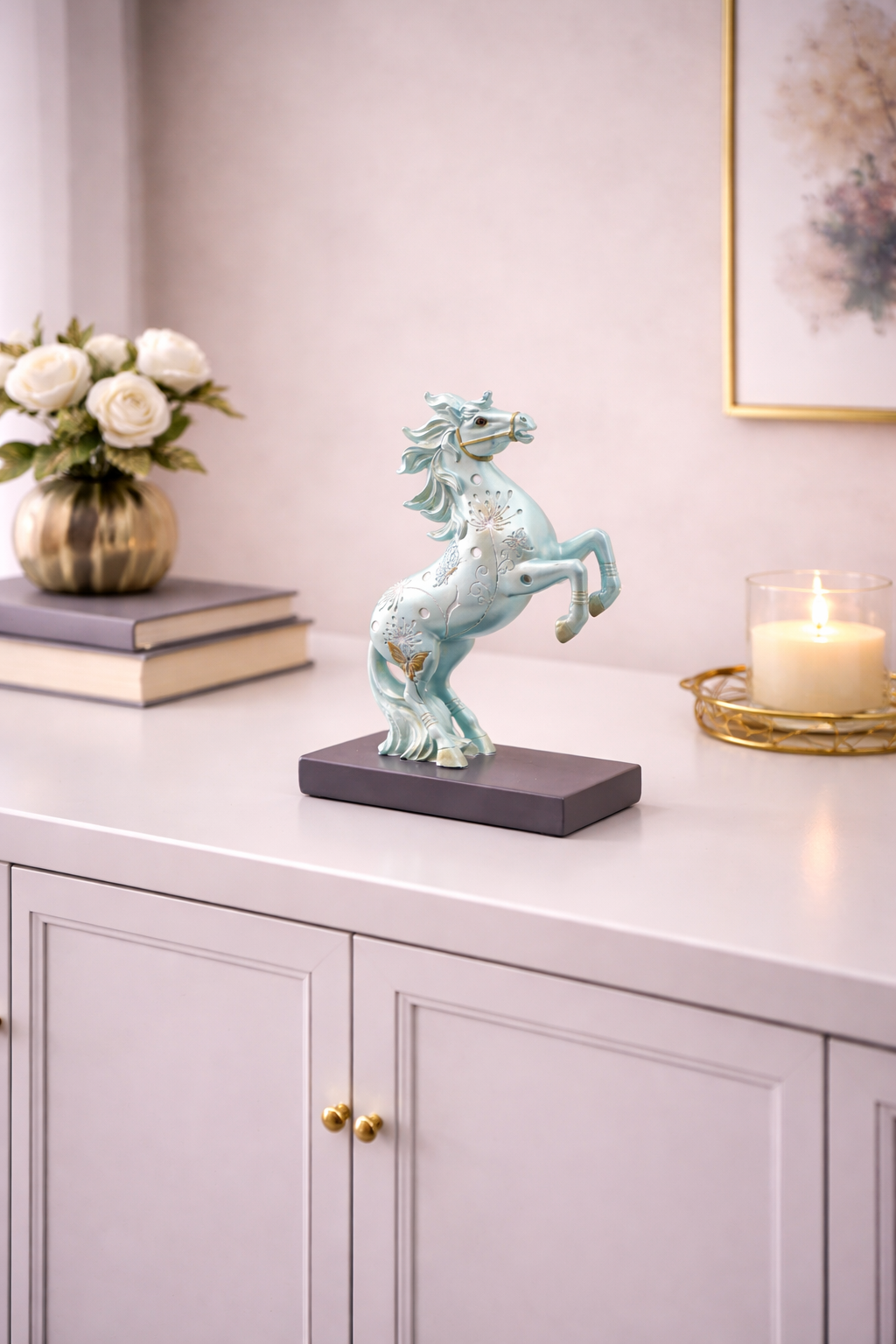 Floral Grace White Gold Horse Sculpture