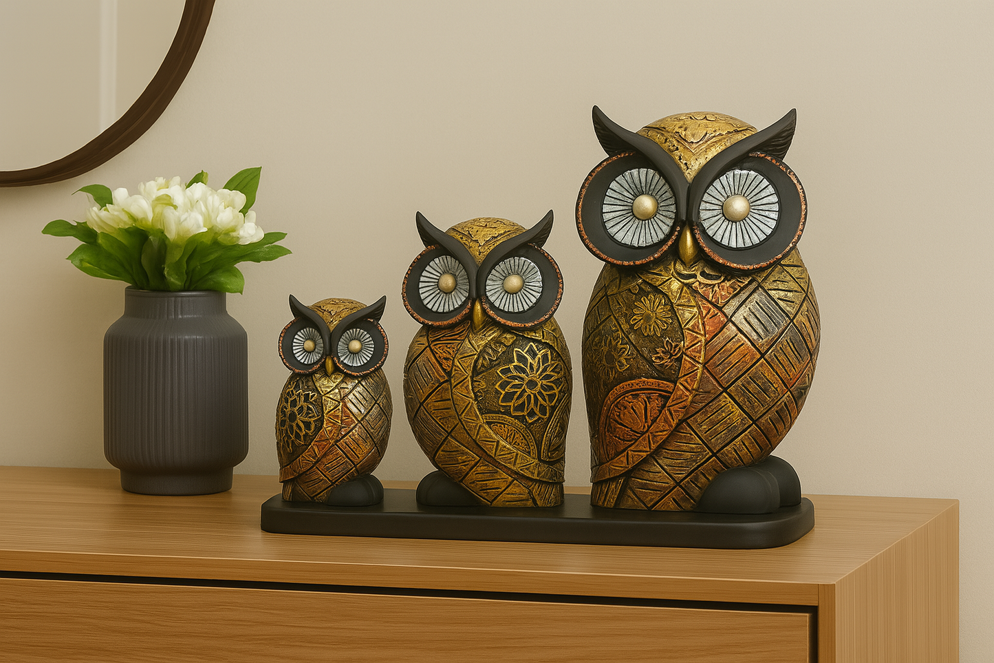 Set of 3 Golden and Black Decorative Owl Figurines