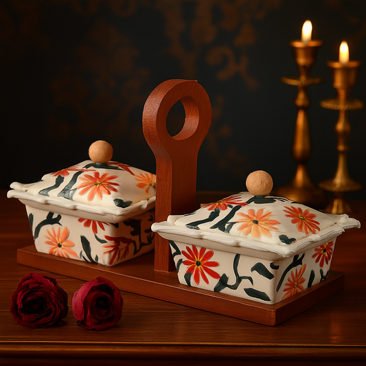 Handcrafted Floral Ceramic Serving Box Set