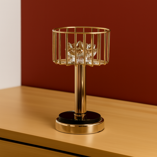 Cylindrical Gold Cage Crystal Candle Holder