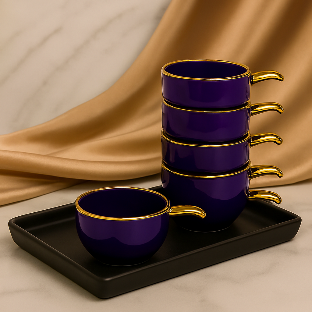 Elegant Ceramic Dip Bowls with Golden Handles – Set of 6