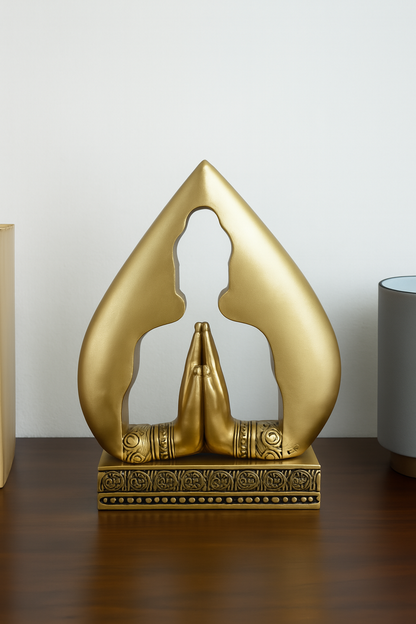 Namaste Hand Gesture with Leaf Frame Sculpture