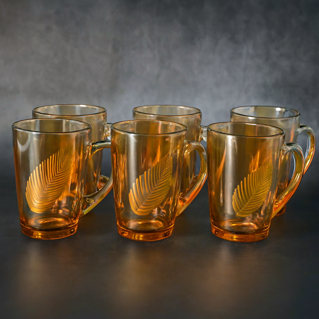Set of Six Amber Glass Mugs with Gold Leaf Design
