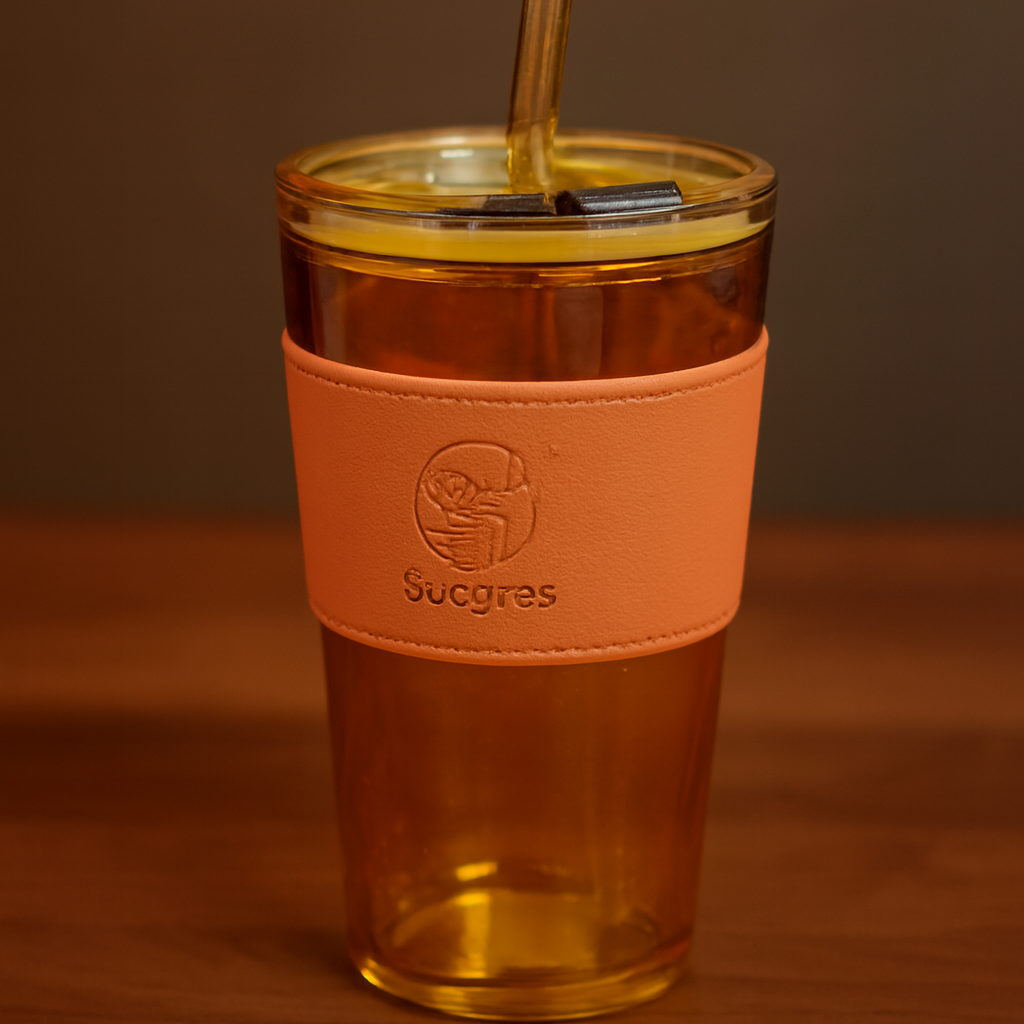 Amber Glass Tumbler with Straw and Leather Grip