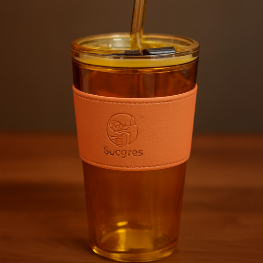 Amber Glass Tumbler with Straw and Leather Grip