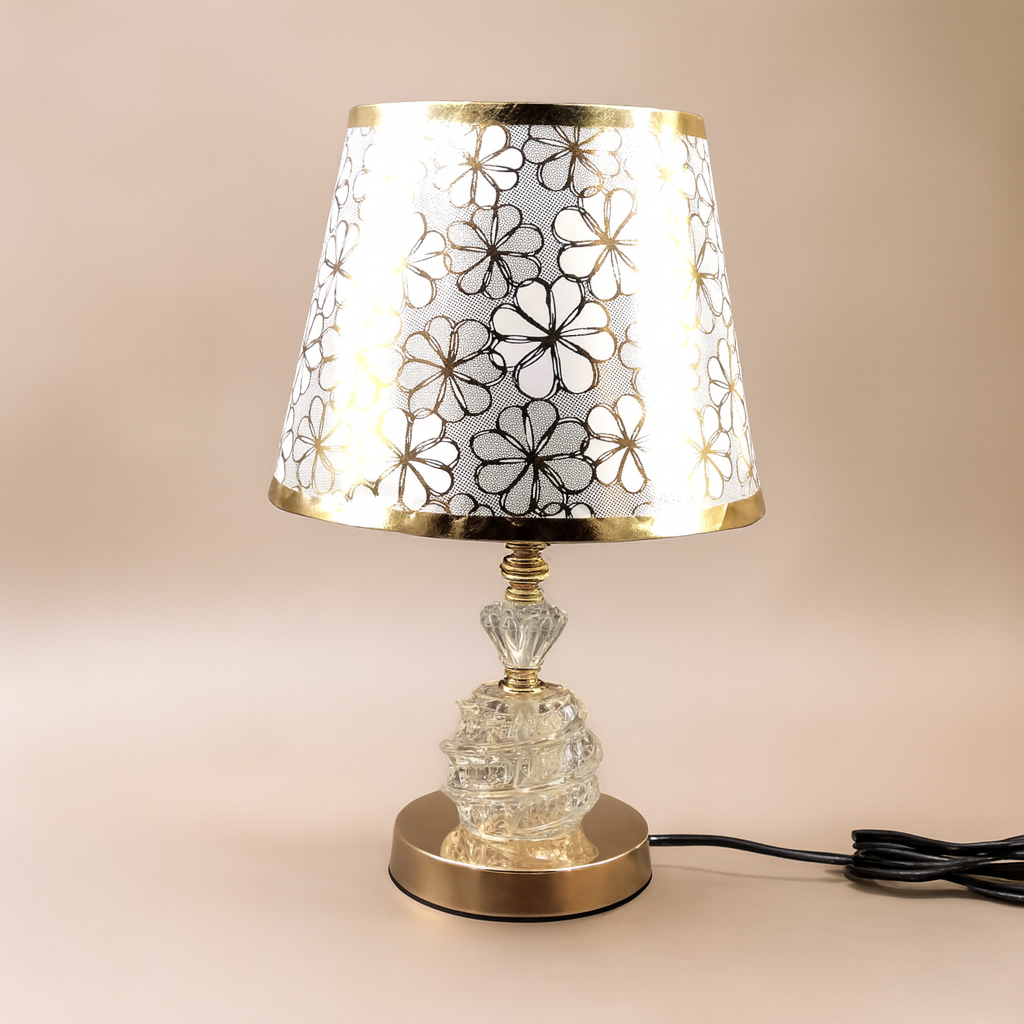 Table Lamp with Patterned Shade and Crystal Base