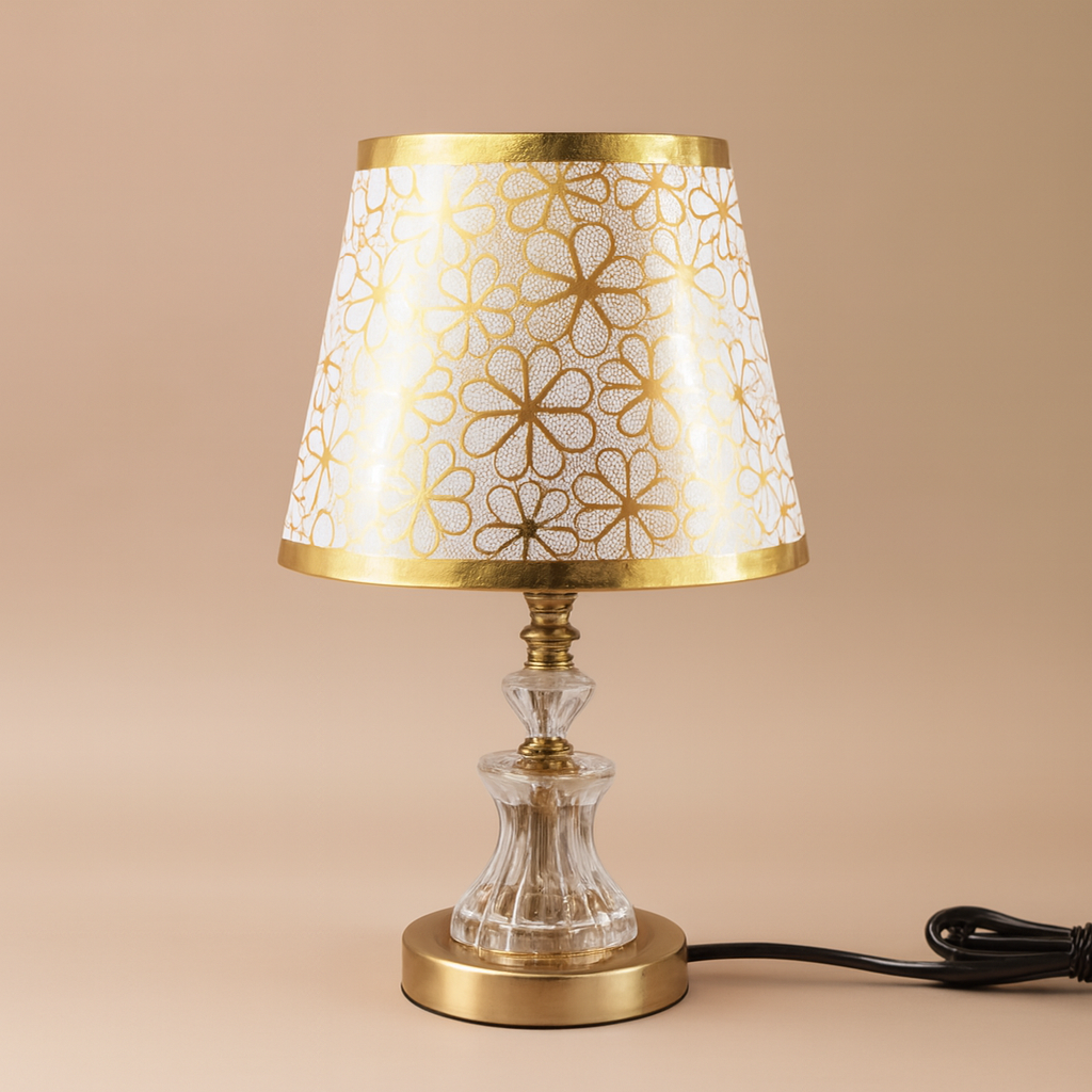 Table Lamp with Patterned Shade and Crystal Base