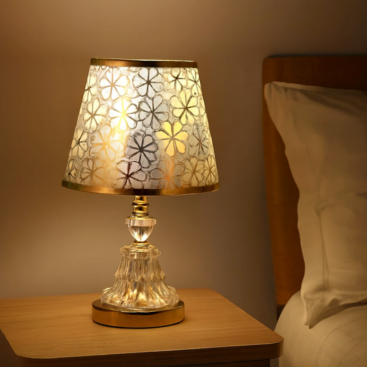 Table Lamp with Patterned Shade and Crystal Base