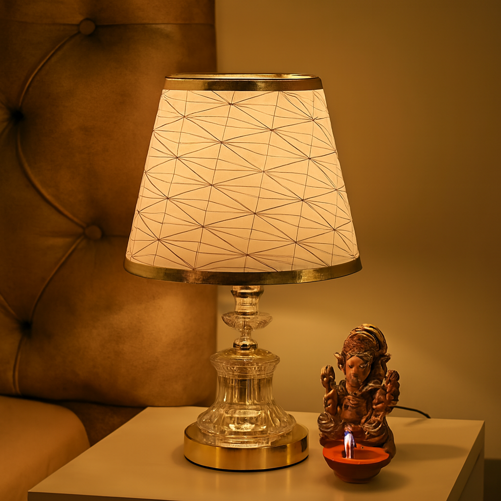 Table Lamp with Patterned Shade and Crystal Base
