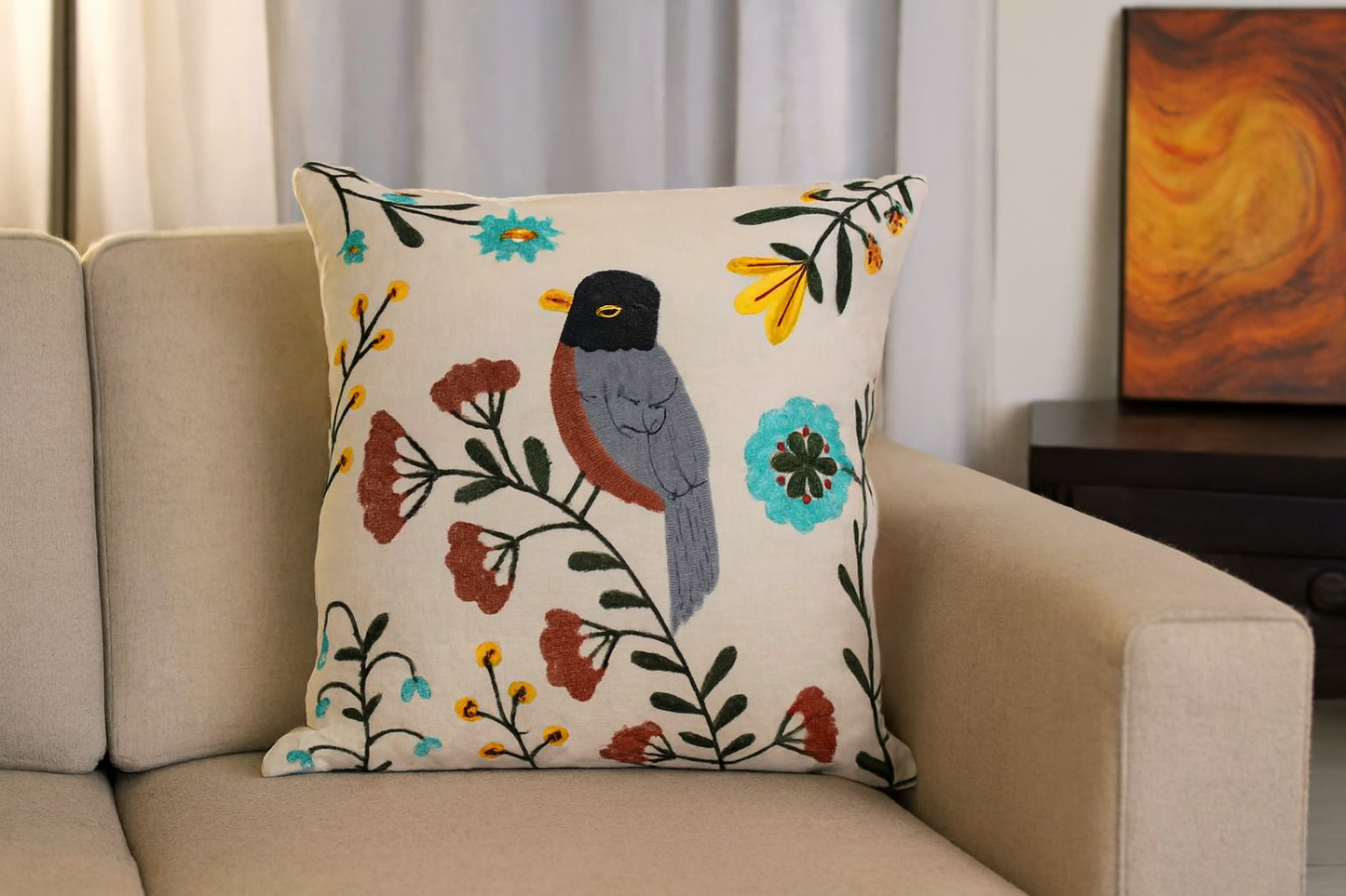 Embroidered bird pillows—cover 16x16inchs (set of 5)