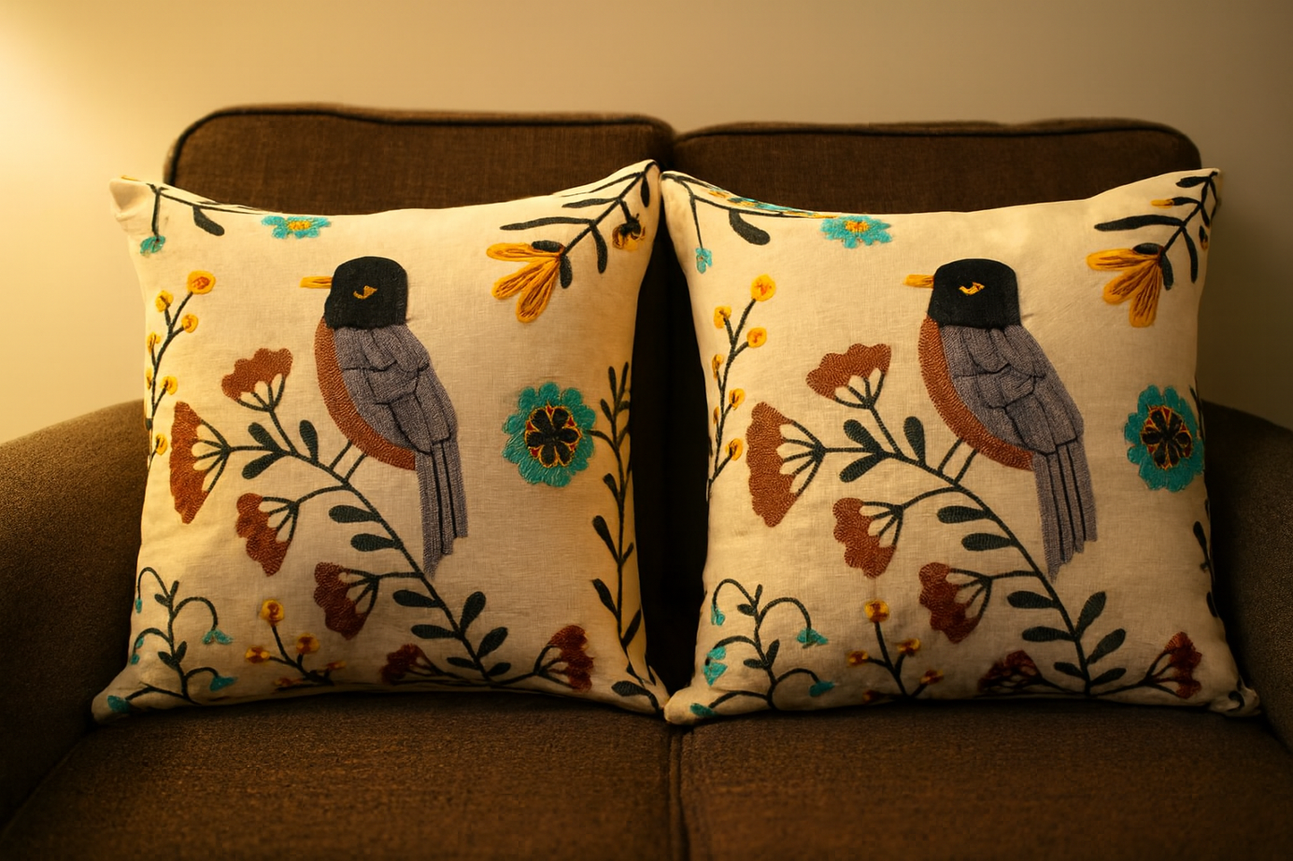 Embroidered bird pillows—cover 16x16inchs (set of 5)