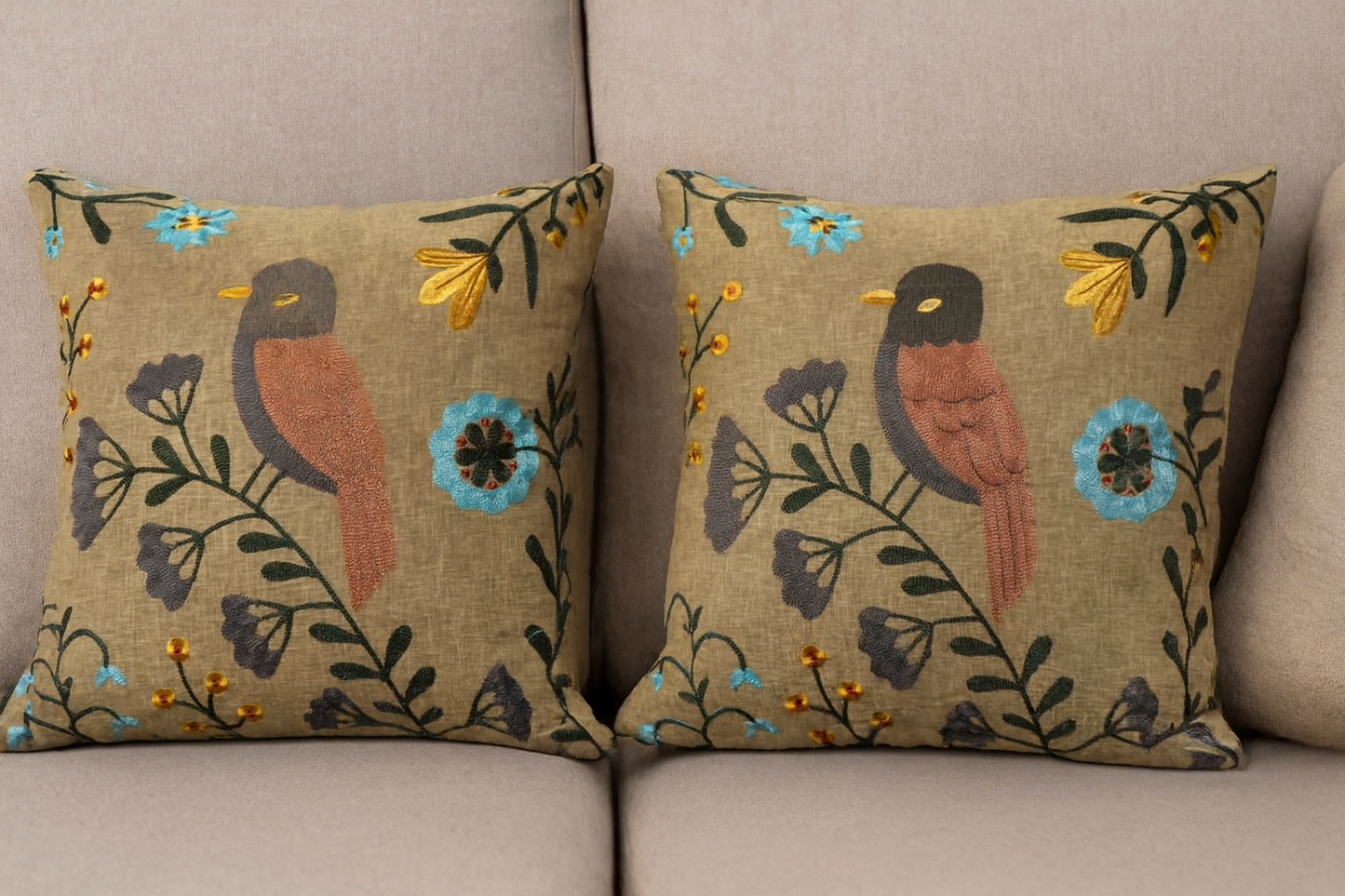 Embroidered bird pillows—cover 16x16inchs (set of 5)