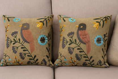 Embroidered bird pillows—cover 16x16inchs (set of 5)